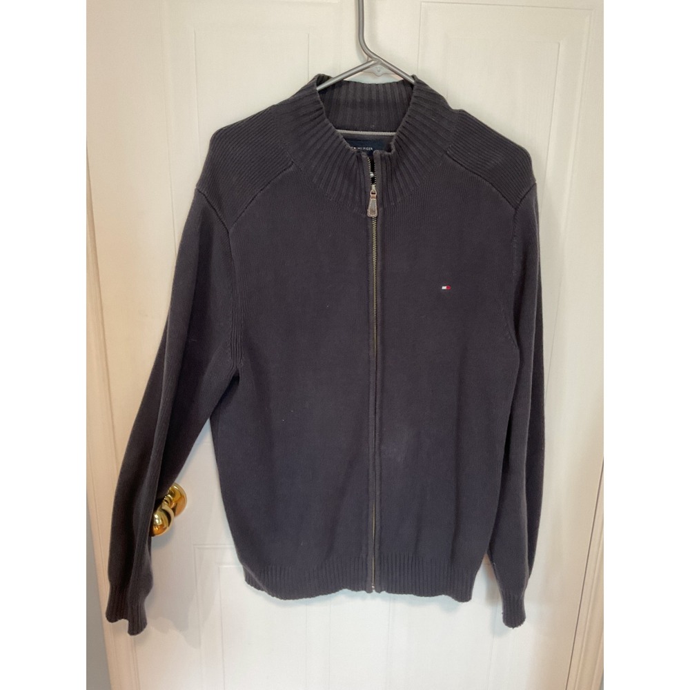 Tommy Hilfiger Full Zip Sweater Mens M Gray Excellent Cotton Mock Neck Knit